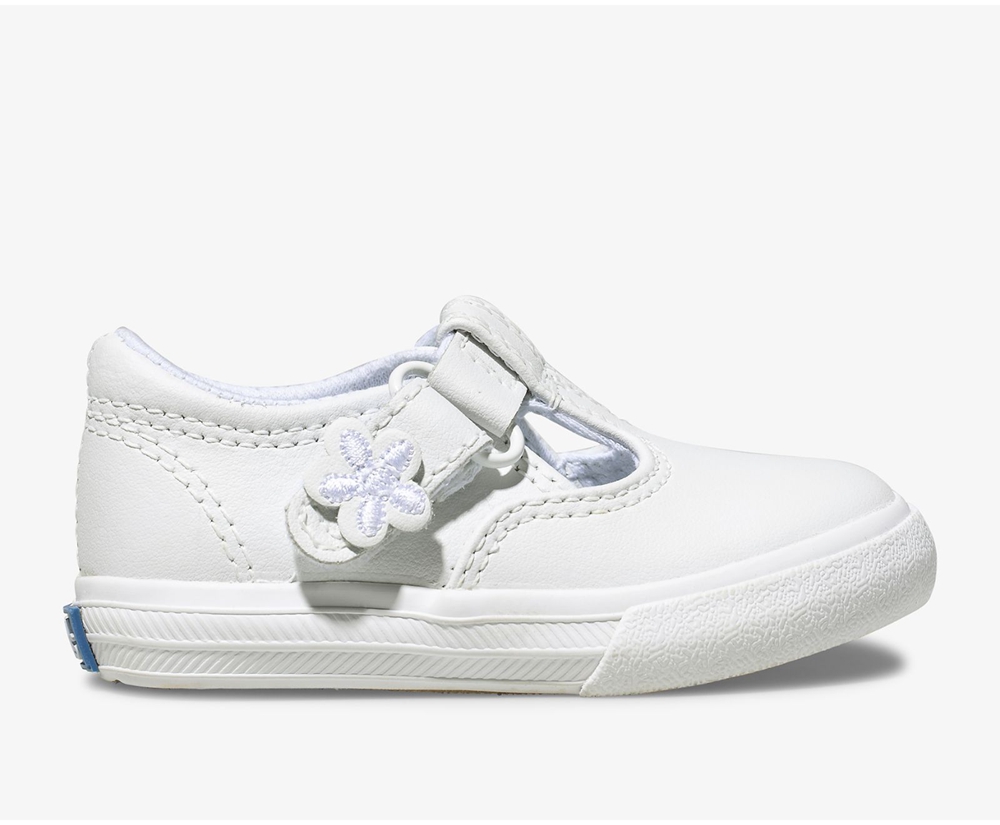 Keds Kids Slip Ons White - Daphne T-Strap Leather - 695UVFHYB